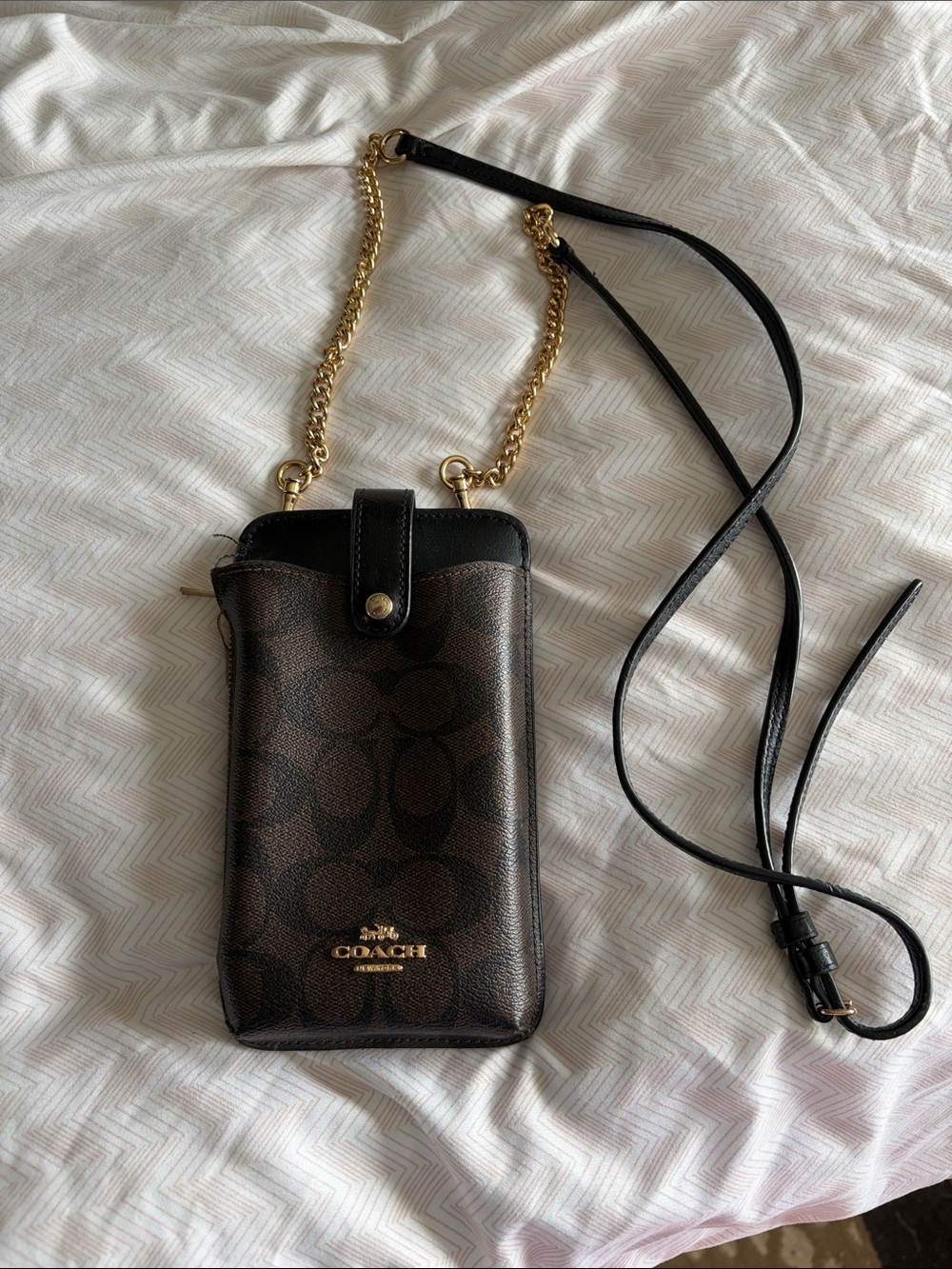 Coach Brown Signature Crossbody Phone Pouch with Gold Chain and Black Strap - Picture 1 of 5